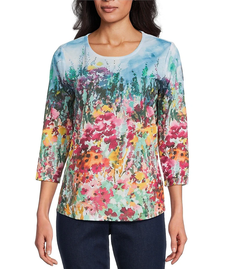 Allison Daley Petite Size Rhubarb Floral Vale Print Embellished 3/4 Sleeve Crew Neck Knit Top