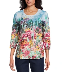 Allison Daley Petite Size Rhubarb Floral Vale Print Embellished 3/4 Sleeve Crew Neck Knit Top