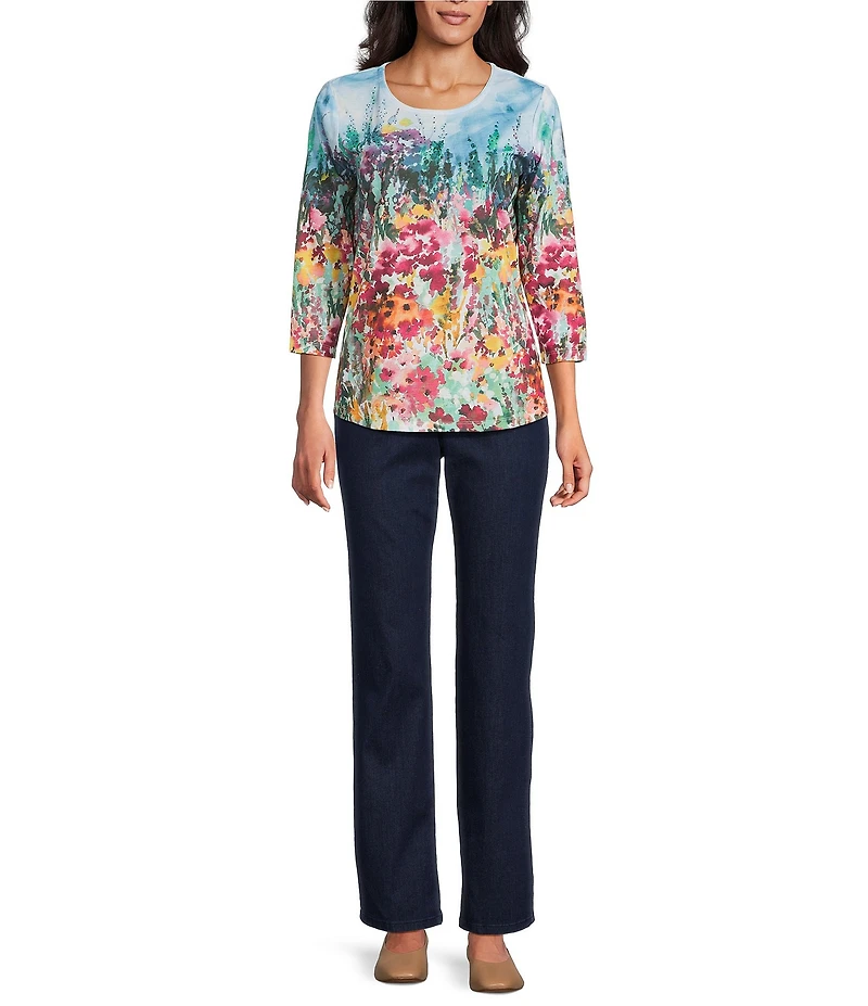 Allison Daley Petite Size Rhubarb Floral Vale Print Embellished 3/4 Sleeve Crew Neck Knit Top