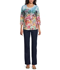 Allison Daley Petite Size Rhubarb Floral Vale Print Embellished 3/4 Sleeve Crew Neck Knit Top