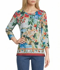 Allison Daley Petite Size Riverside Border Print 3/4 Sleeve Crew Neck Knit Top