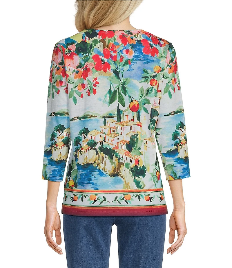 Allison Daley Petite Size Riverside Border Print 3/4 Sleeve Crew Neck Knit Top