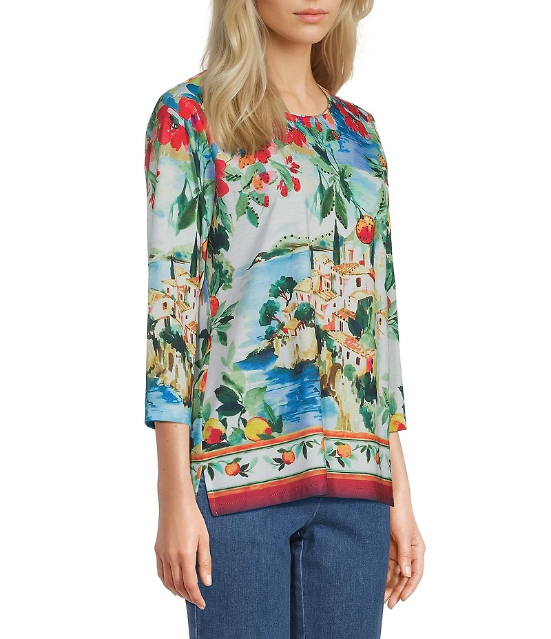 Allison Daley Petite Size Riverside Border Print 3/4 Sleeve Crew Neck Knit Top