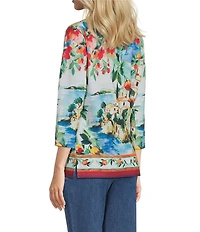 Allison Daley Petite Size Riverside Border Print 3/4 Sleeve Crew Neck Knit Top