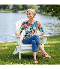 Allison Daley Petite Size Riverside Border Print 3/4 Sleeve Crew Neck Knit Top