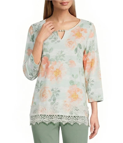 Allison Daley Petite Size Roses Stripe Print 3/4 Sleeve Keyhole Neck Top