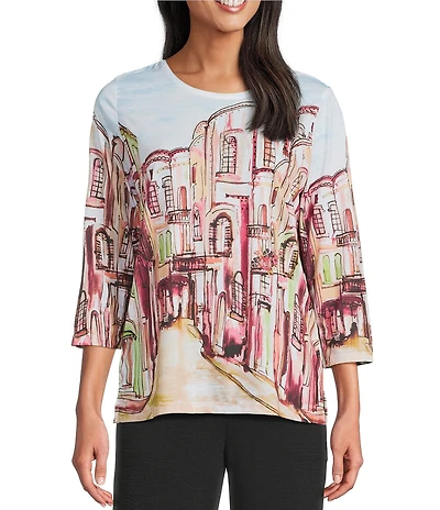 Allison Daley Petite Size Rue Paris Print Embellished 3/4 Sleeve Crew Neck Knit Top