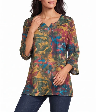 Allison Daley Petite Size Scroll Foliage Print 3/4 Flounce V-Neck Knit Top