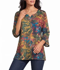 Allison Daley Petite Size Scroll Foliage Print 3/4 Flounce V-Neck Knit Top