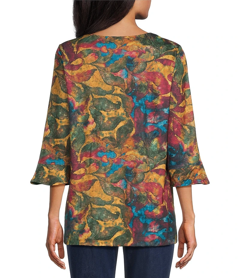 Allison Daley Petite Size Scroll Foliage Print 3/4 Flounce V-Neck Knit Top