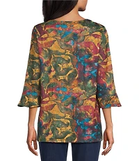 Allison Daley Petite Size Scroll Foliage Print 3/4 Flounce V-Neck Knit Top