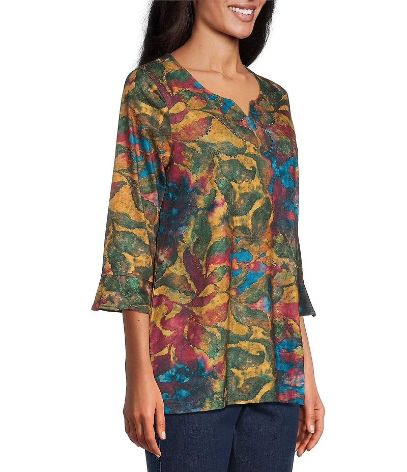 Allison Daley Petite Size Scroll Foliage Print 3/4 Flounce V-Neck Knit Top