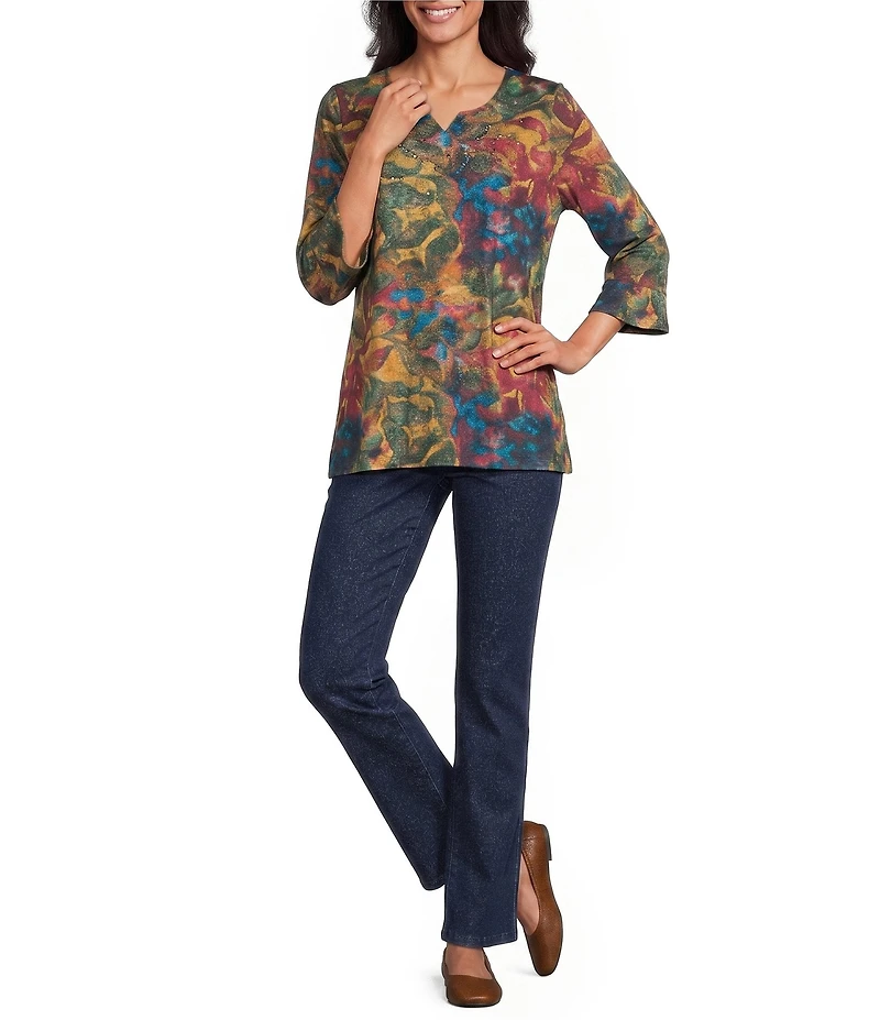 Allison Daley Petite Size Scroll Foliage Print 3/4 Flounce V-Neck Knit Top