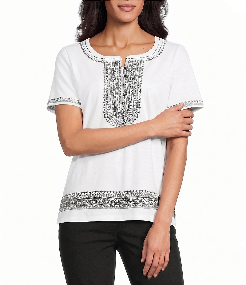 Allison Daley Petite Size Short Sleeve Embroidery Detail V-Neck Top