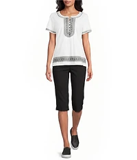 Allison Daley Petite Size Short Sleeve Embroidery Detail V-Neck Top