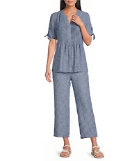 Allison Daley Petite Size Short Tie Sleeve Button Front Y-Neck Top