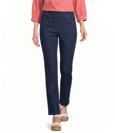Allison Daley Petite Size Straight Leg Stretch Denim Elastic Waist Pull-On Embellished Pants