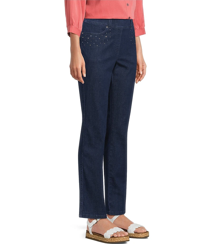 Allison Daley Petite Size Straight Leg Stretch Denim Elastic Waist Pull-On Embellished Pants