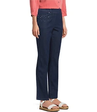 Allison Daley Petite Size Straight Leg Stretch Denim Elastic Waist Pull-On Embellished Pants