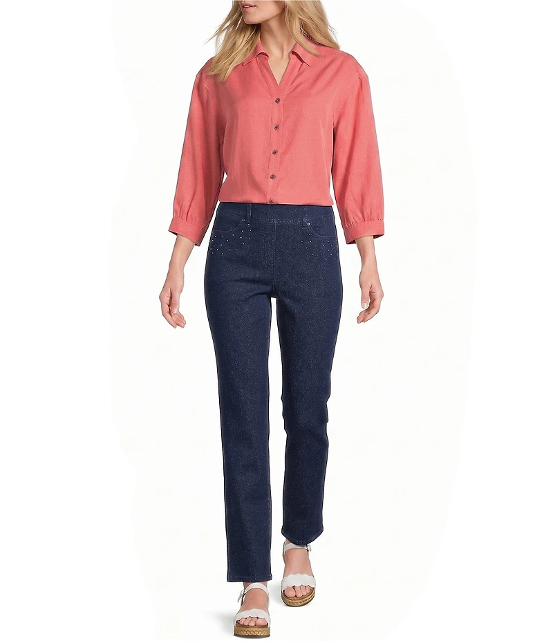 Allison Daley Petite Size Straight Leg Stretch Denim Elastic Waist Pull-On Embellished Pants