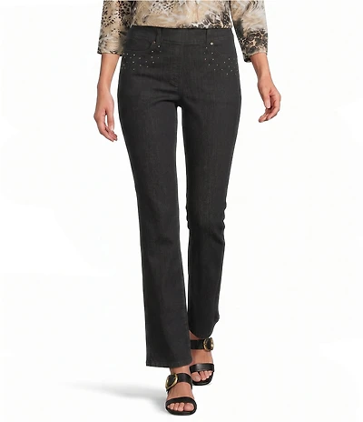 Allison Daley Petite Size Straight Leg Stretch Denim Elastic Waist Pull-On Embellished Pants