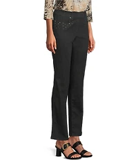 Allison Daley Petite Size Straight Leg Stretch Denim Elastic Waist Pull-On Embellished Pants