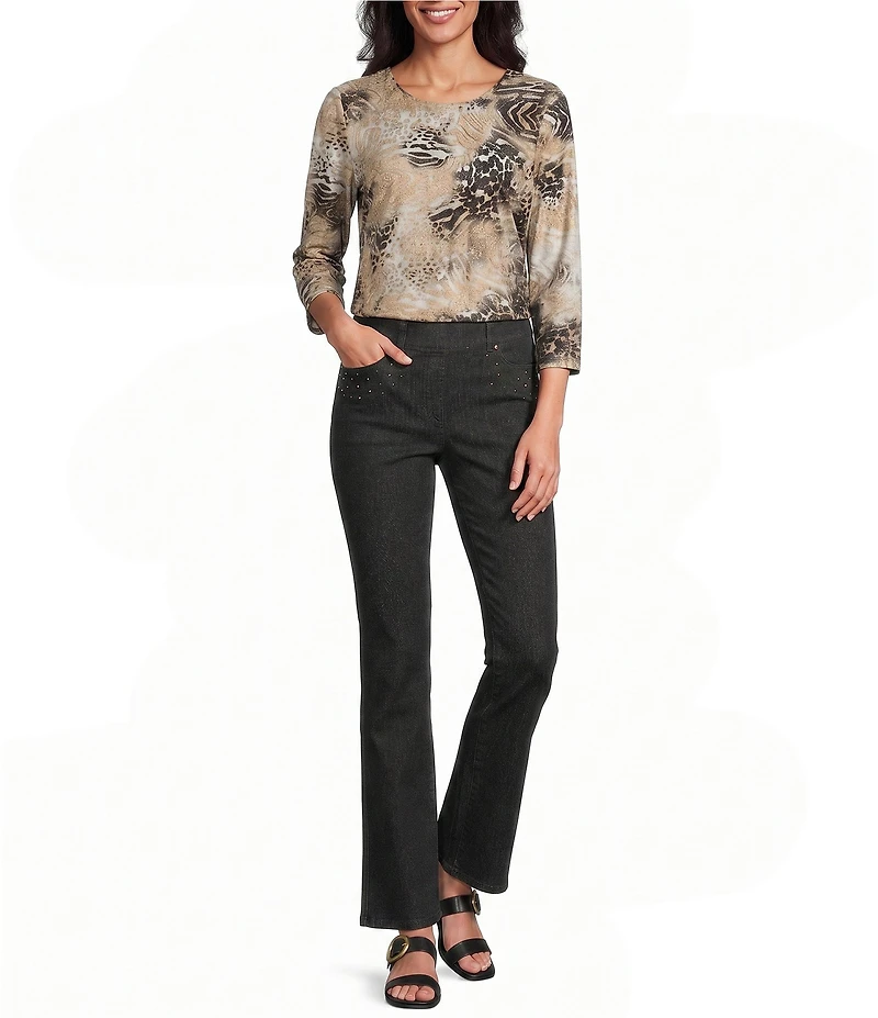 Allison Daley Petite Size Straight Leg Stretch Denim Elastic Waist Pull-On Embellished Pants