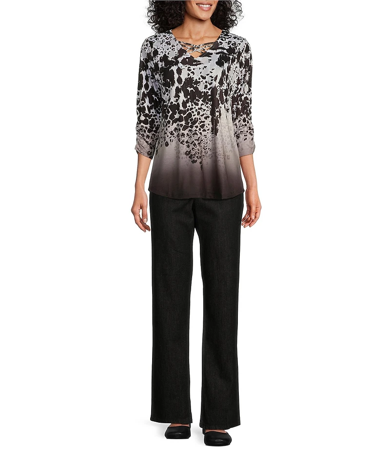 Allison Daley Petite Size Straight Leg Stretch Denim Elastic Waist Pull-On Pants