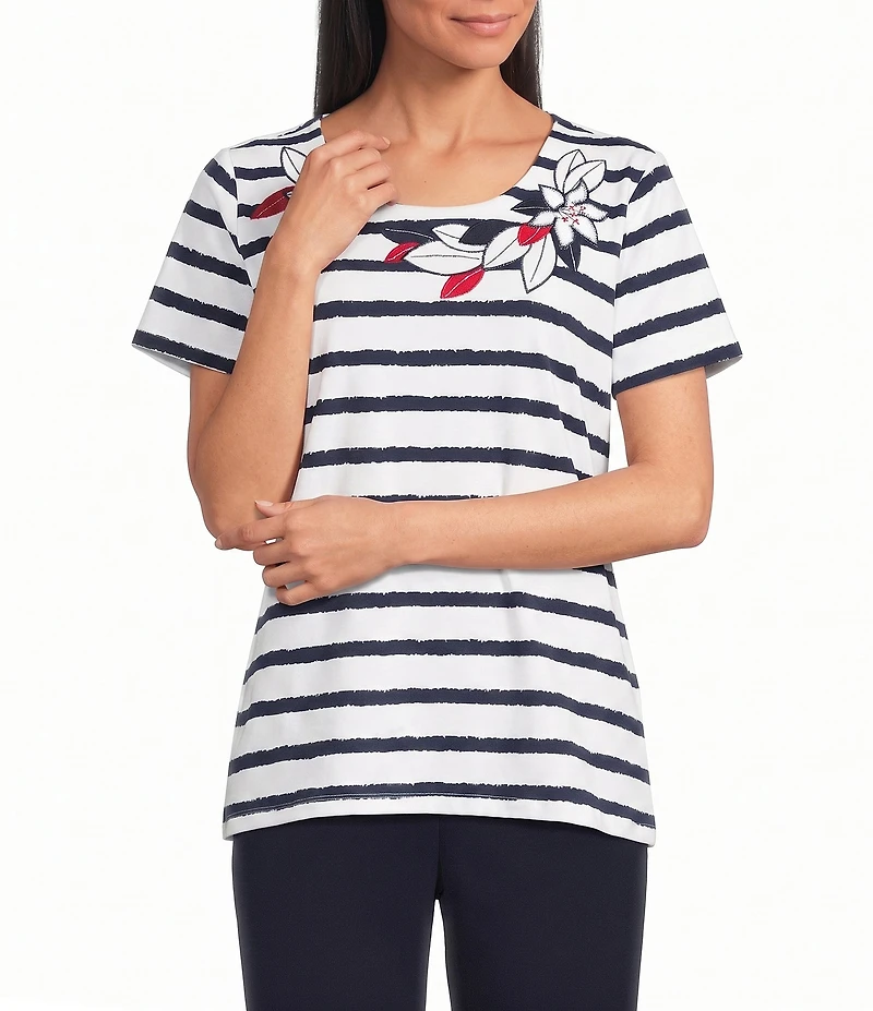Allison Daley Petite Size Stripe Short Sleeve Crew Neck Knit Top