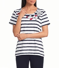 Allison Daley Petite Size Stripe Short Sleeve Crew Neck Knit Top