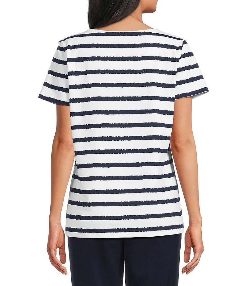 Allison Daley Petite Size Stripe Short Sleeve Crew Neck Knit Top