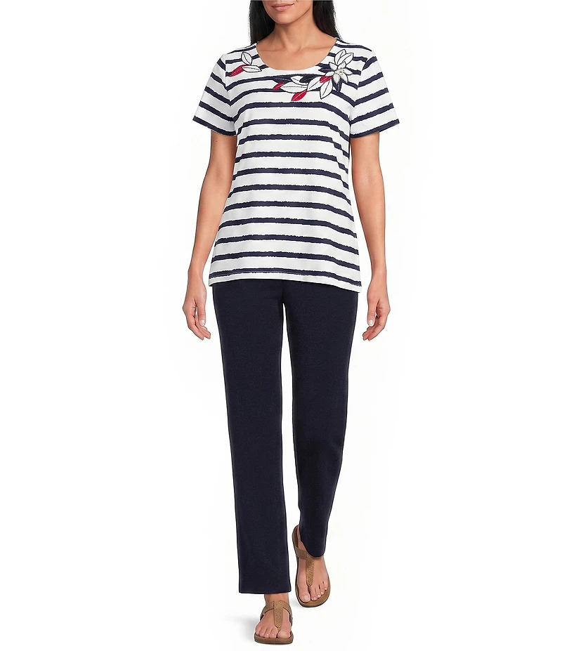 Allison Daley Petite Size Stripe Short Sleeve Crew Neck Knit Top