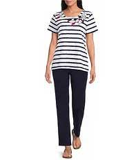 Allison Daley Petite Size Stripe Short Sleeve Crew Neck Knit Top