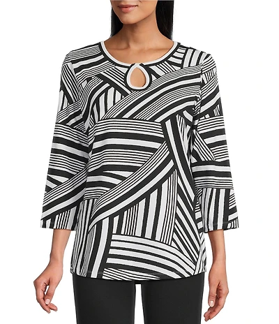 Allison Daley Petite Size Stripe Waves Print 3/4 Sleeve Keyhole Neck Knit Top