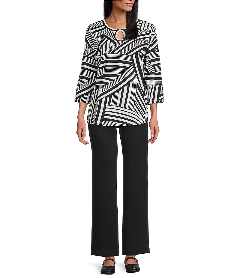 Allison Daley Petite Size Stripe Waves Print 3/4 Sleeve Keyhole Neck Knit Top