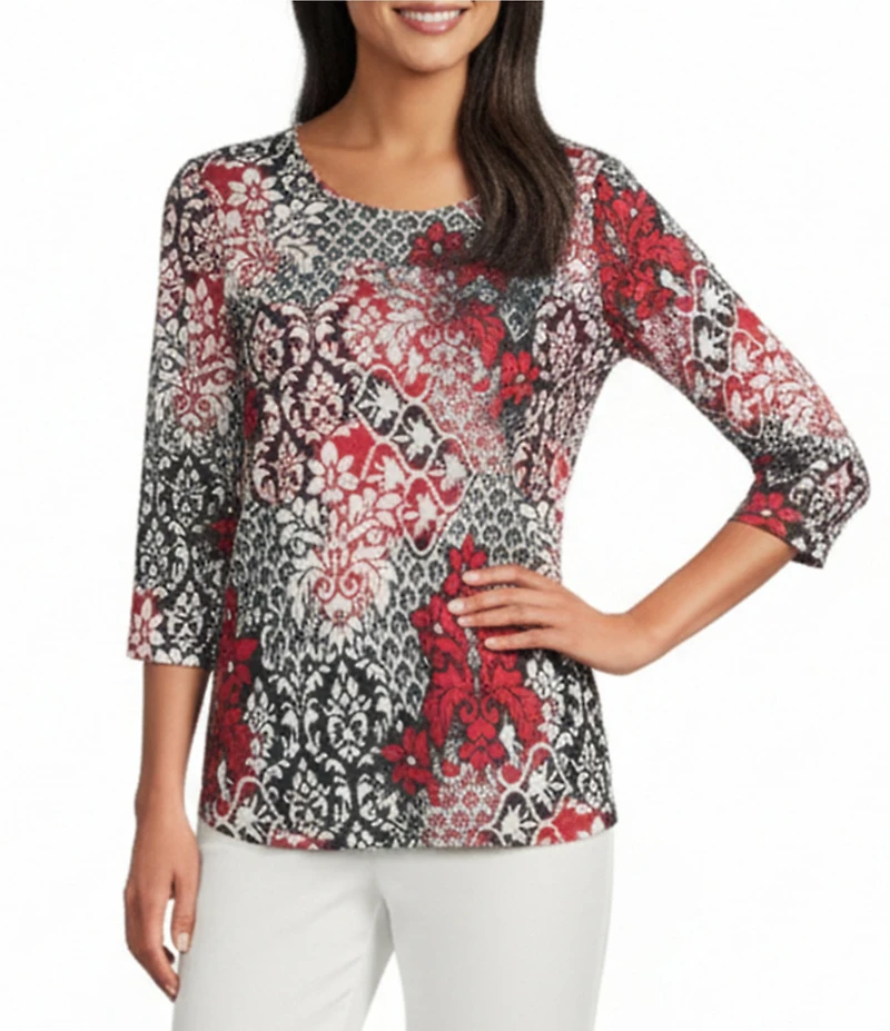 Allison Daley Petite Size Tango Red 3/4 Sleeve Crew Neck Knit Top