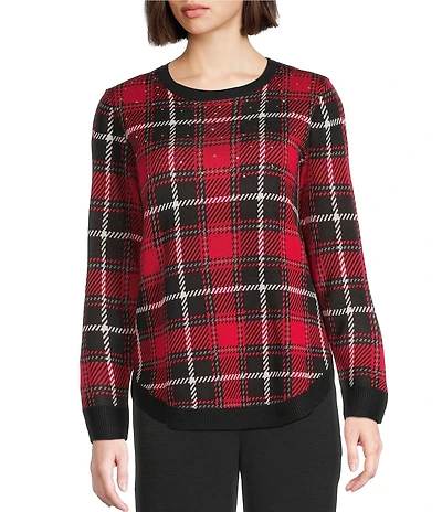 Allison Daley Petite Size Tango Red Embellished Long Sleeve Crew Neck Sweater