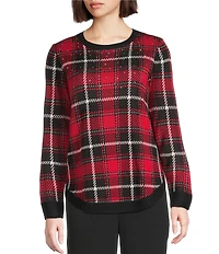 Allison Daley Petite Size Tango Red Embellished Long Sleeve Crew Neck Sweater