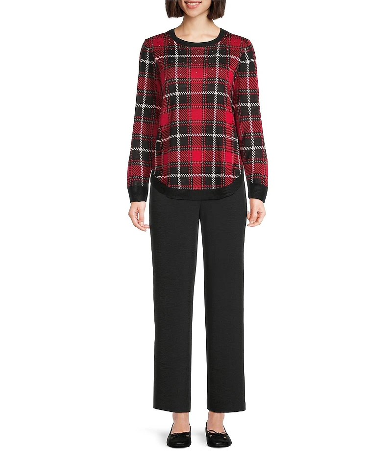 Allison Daley Petite Size Tango Red Embellished Long Sleeve Crew Neck Sweater