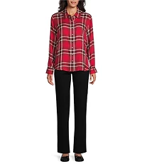 Allison Daley Petite Size Tango Red Ombre Plaid 3/4 Sleeve Point Collar Button Front Shirt