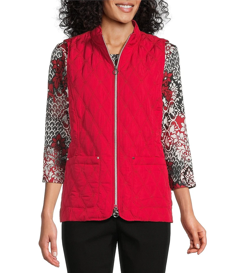 Allison Daley Petite Size Tango Red Trapunto Quilted Sleeveless Two-Way Zip-Up Vest