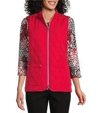 Allison Daley Petite Size Tango Red Trapunto Quilted Sleeveless Two-Way Zip-Up Vest