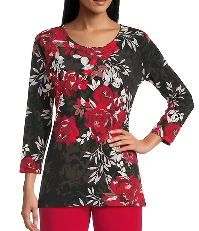 Allison Daley Petite Size Tango Red Vintage Rose 3/4 Sleeve Crew Neck Knit Top