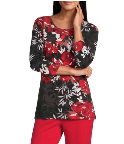 Allison Daley Petite Size Tango Red Vintage Rose 3/4 Sleeve Crew Neck Knit Top