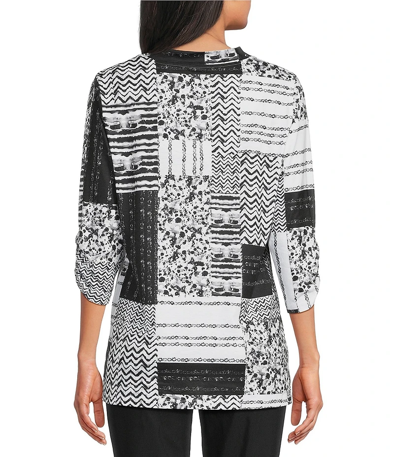 Allison Daley Petite Size Texture Patchwork Print 3/4 Sleeve V-Neck Knit Top