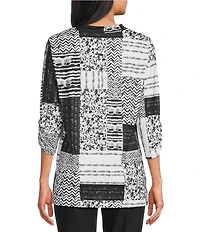 Allison Daley Petite Size Texture Patchwork Print 3/4 Sleeve V-Neck Knit Top