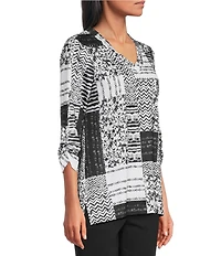 Allison Daley Petite Size Texture Patchwork Print 3/4 Sleeve V-Neck Knit Top