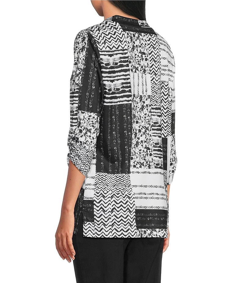 Allison Daley Petite Size Texture Patchwork Print 3/4 Sleeve V-Neck Knit Top