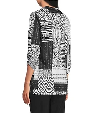 Allison Daley Petite Size Texture Patchwork Print 3/4 Sleeve V-Neck Knit Top