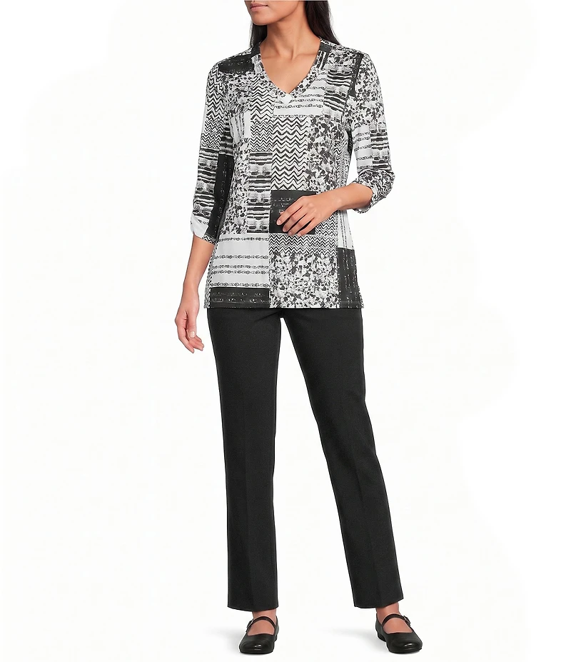 Allison Daley Petite Size Texture Patchwork Print 3/4 Sleeve V-Neck Knit Top
